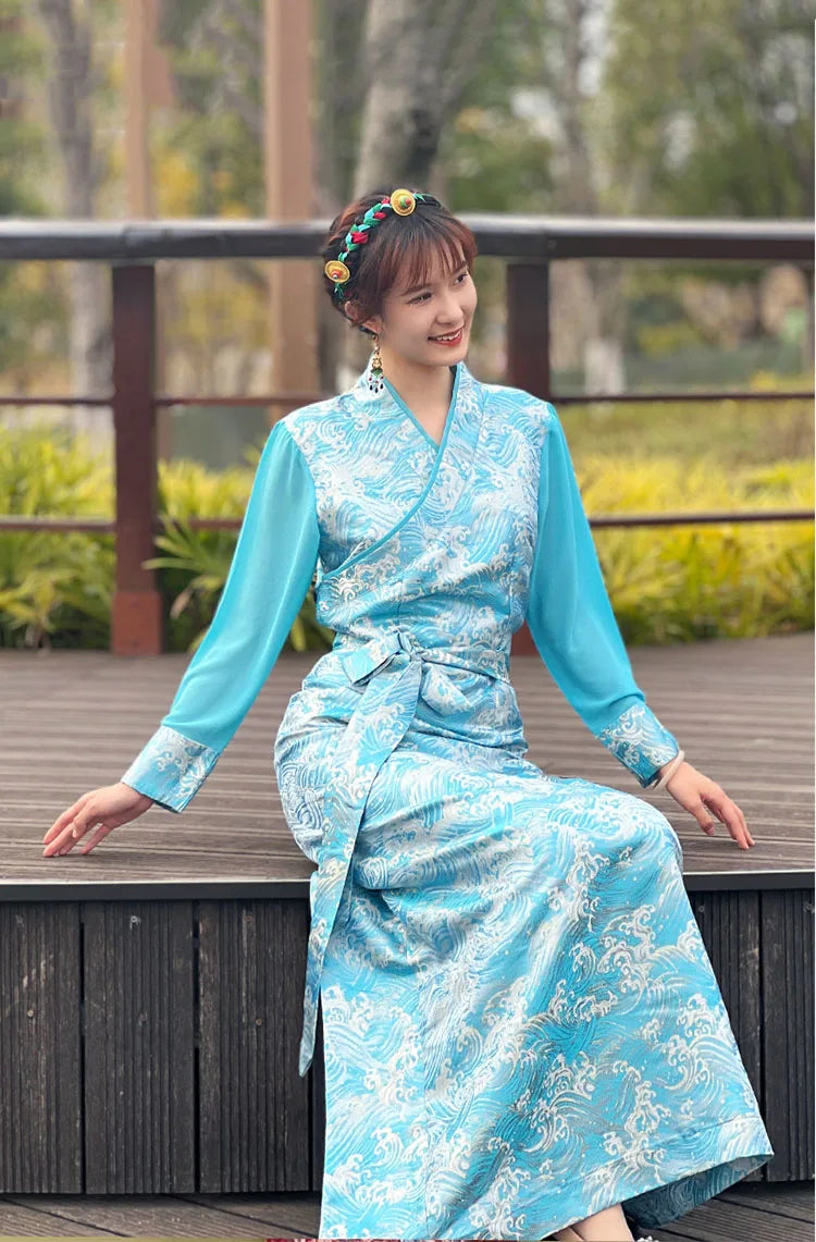 Summer Elegant Asian costume Tibetan Dress For Women Long Sleeve Traditional Ethnic clothing Oriental Ladies gown