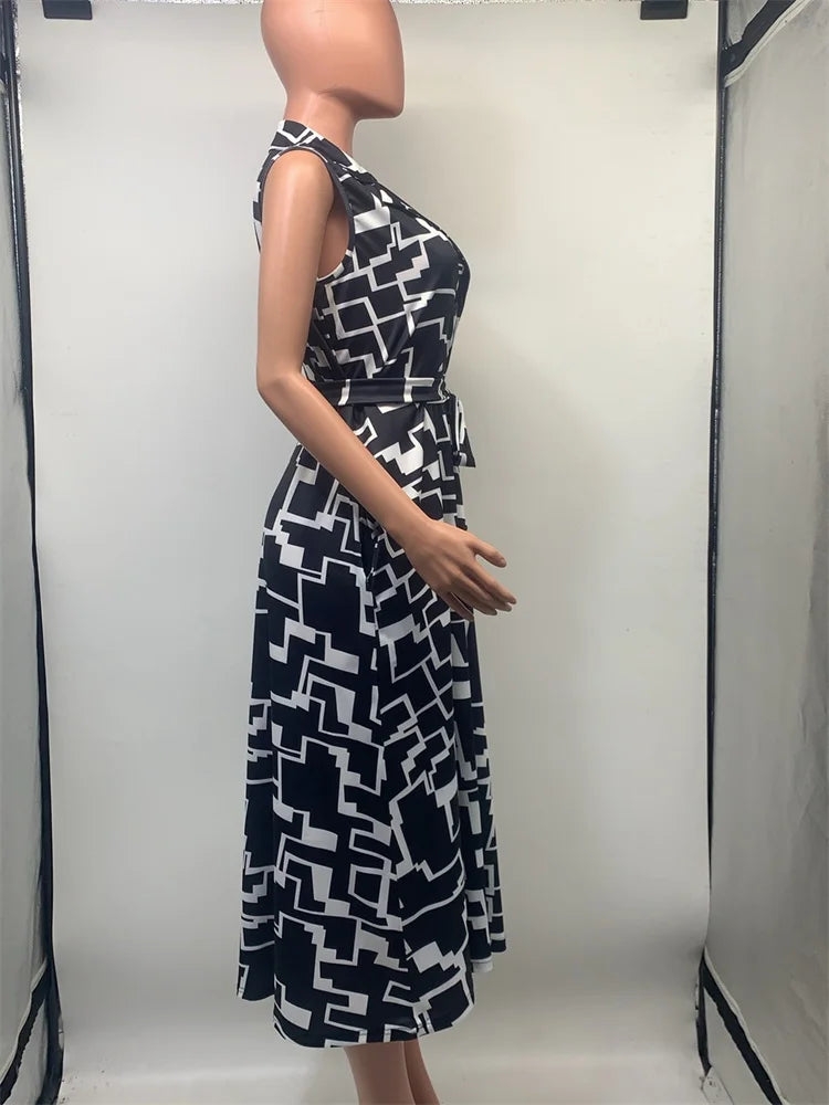 Maxy Women Dress Sleeveless Print Fashion Casual Temperament Turn Down Collar Female Shirt Dresses Daily Holiday Clothing