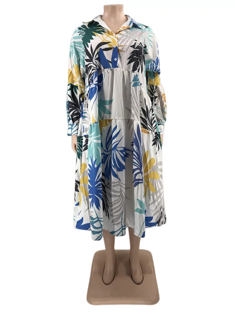 Maxy Plus Size Women Clothing Dresses Xl-5xl Flower Printed Long Sleeve Shirts Elegant Dress.