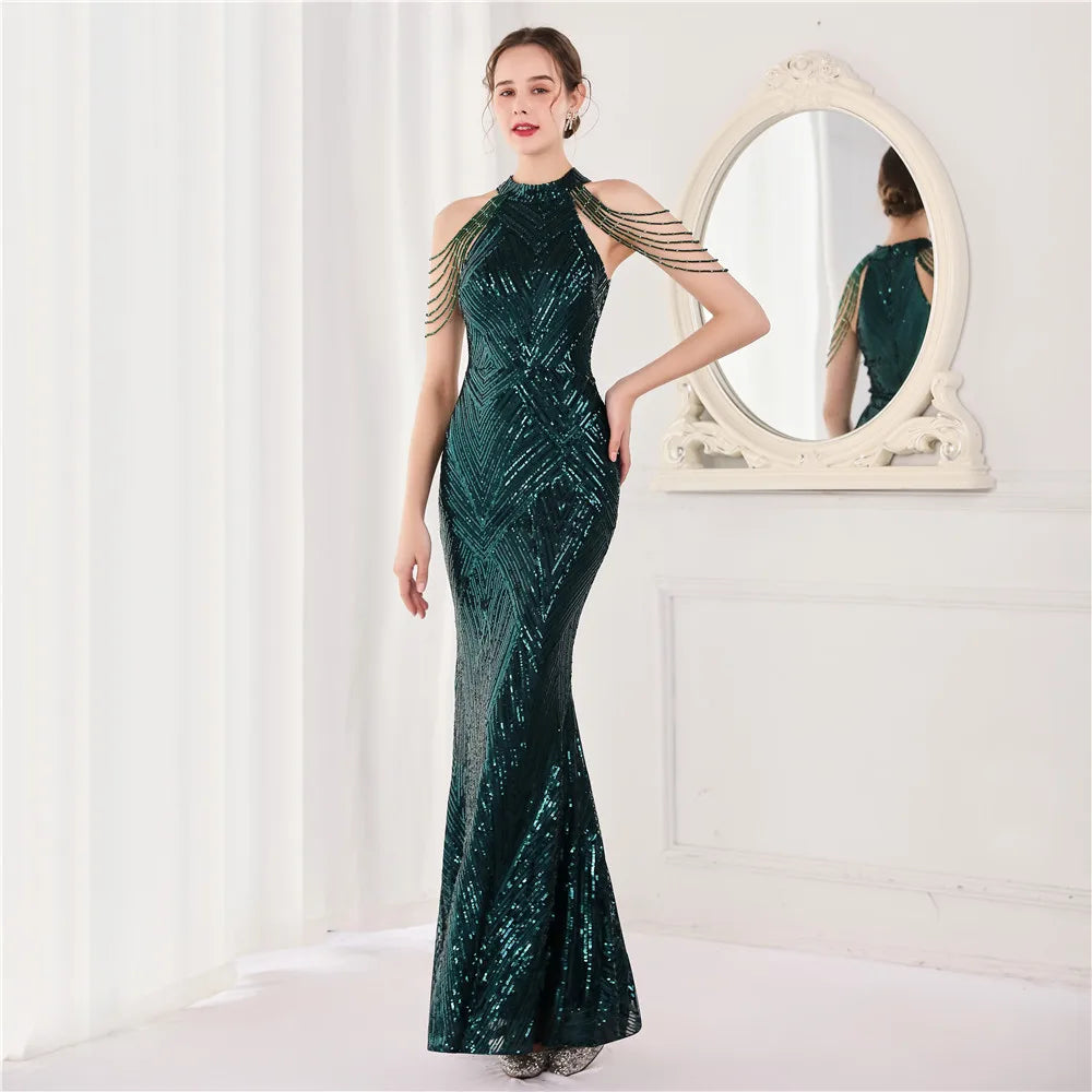 Maxy Prom Long Elegant Dresses Halter Sequin Mermaid Prom Dress De Fiesta Evening Dresses Customized