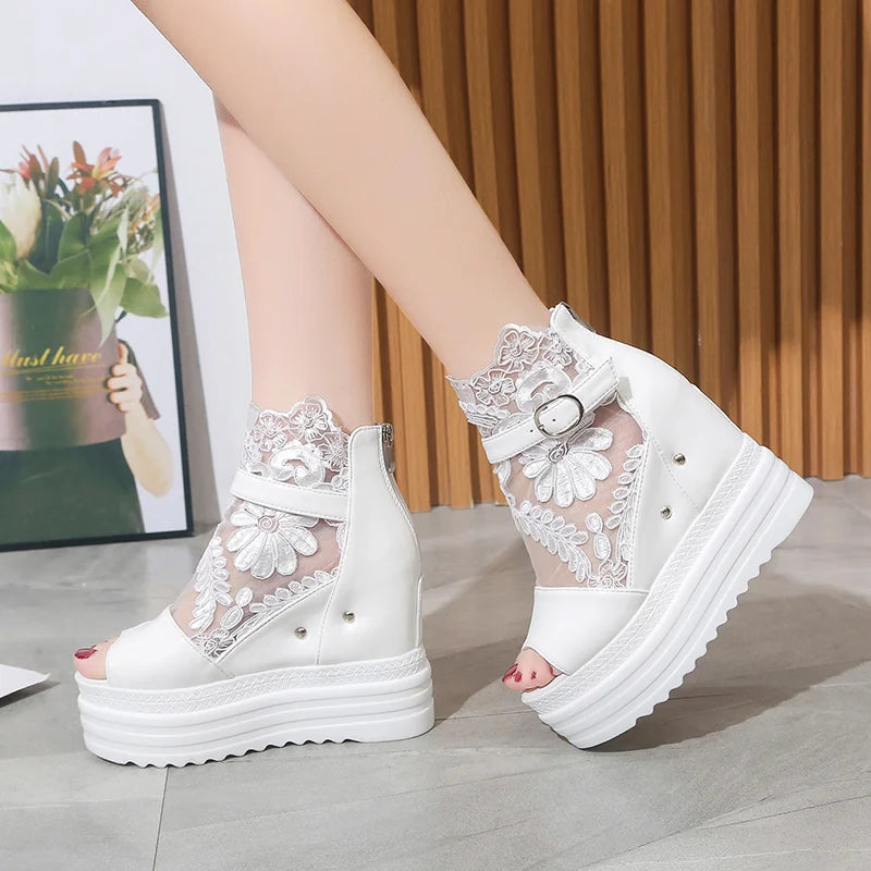 Summer Crystals Buckle Platform Sandals Women Cool ZIP Boots 10cm Wedges Heel Height Increasing Peep Toe Lace breathable Shoes