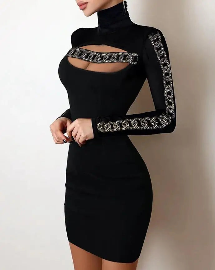 Maxy Evening Dresses for Women New Elegant Sexy Party Wedding Guest Glitter Contrast Lace Cutout Long Sleeve Bodycon Mini Dress