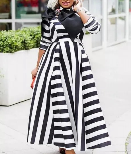 Macy Dress Women High Waist Big Swing Robes Gown With Bow Fashion New Stripe Print Elegant Streetwear African Long Dress