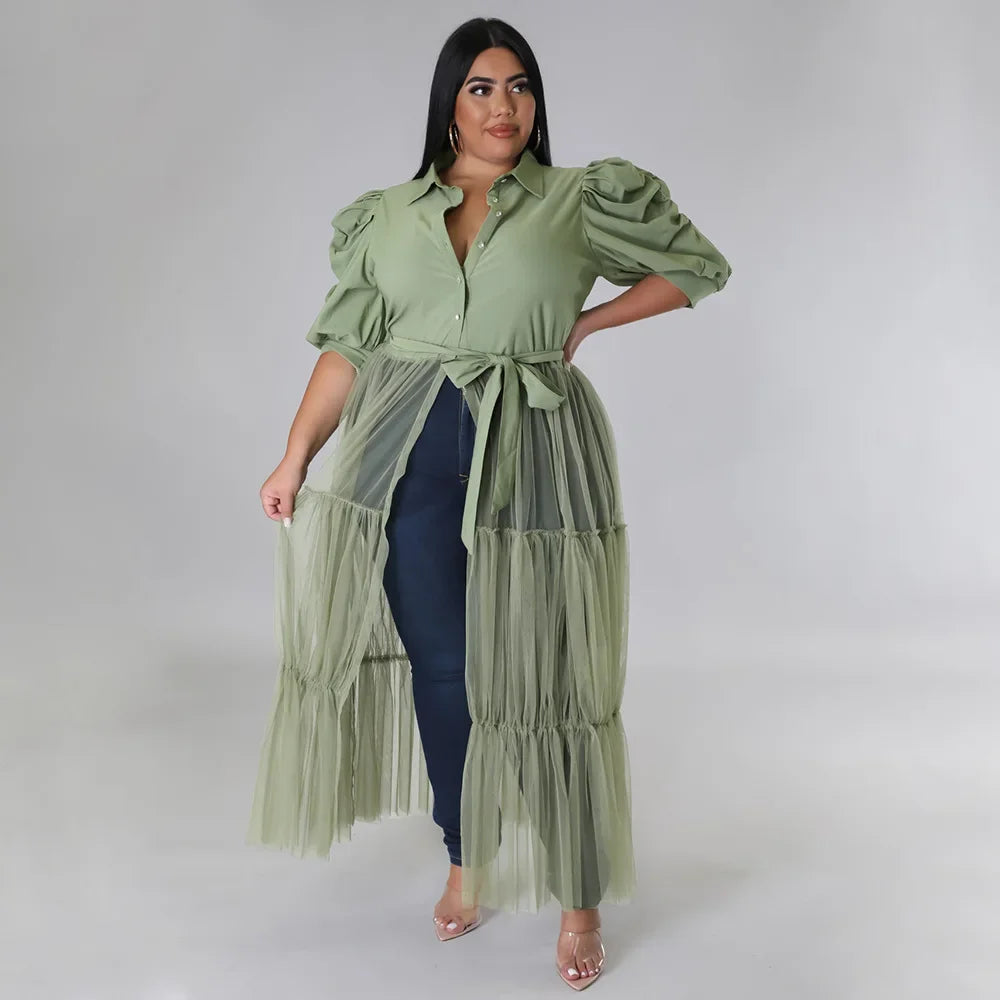 Babs Elegant Plus Size Women Big Swing Shirt Dress Sexy Mesh Patchwork Long Sleeve Single Breasted with Sashes Casual Dresses