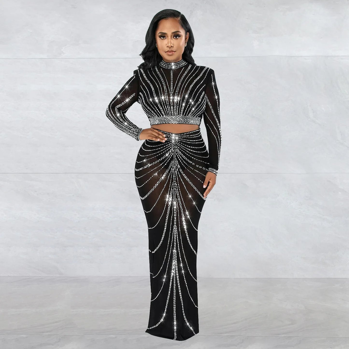 Maxy Clothing 2024 Rhinestone Mesh See Through Long Sleeve Dress Set for Women Birthday Sexy Night Club Party 2 Piece Sets Outfit