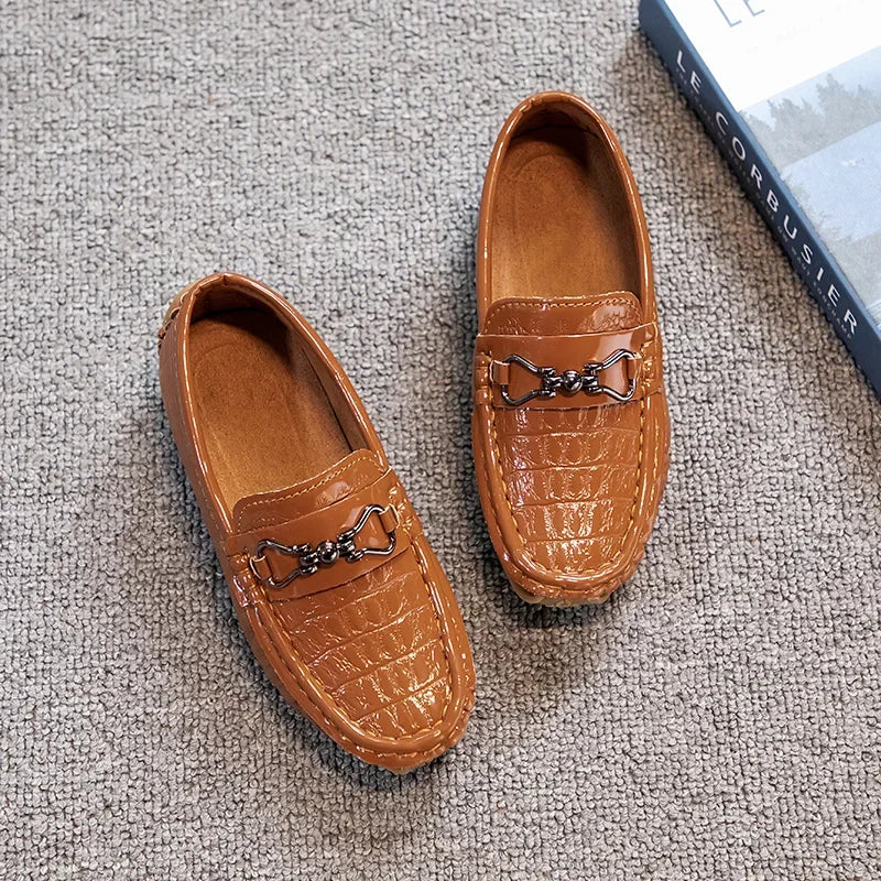 Visco Boys Leather Shoes Round-toe Flat Soft Kids Fashion Casual Loafers Glossy Metal Buckle Children Moccasins Non-slip Britain Style