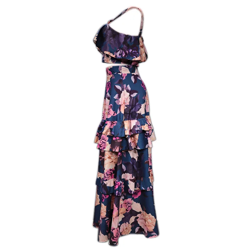 Maxy 2 Piece Set Women Stylish Floral Elegant Printed Sleeveless Short Top+Loose High Waist Pleated Long Skirt Sets