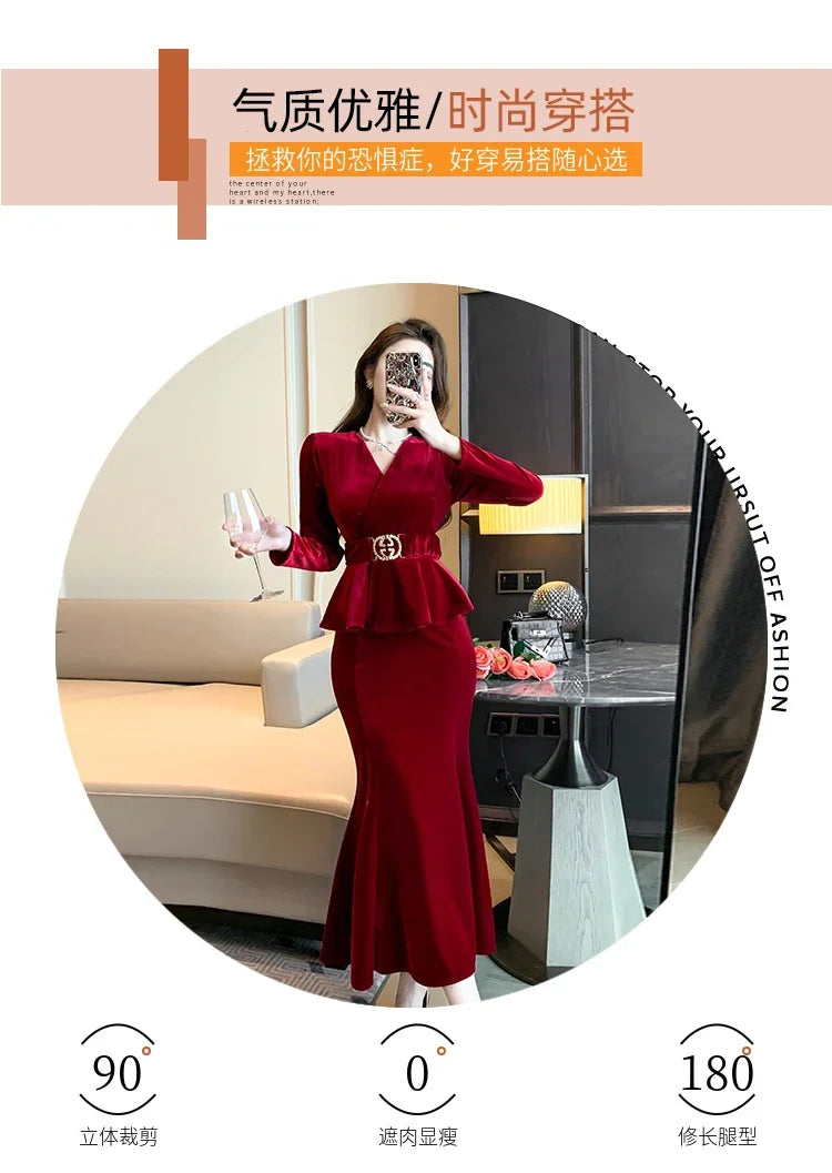 Babs Winter Red Velvet Chic Ruffled Bandage Long Dress Women Elegant Luxury Festival Dress Gown Korean Elegant Prom Dress