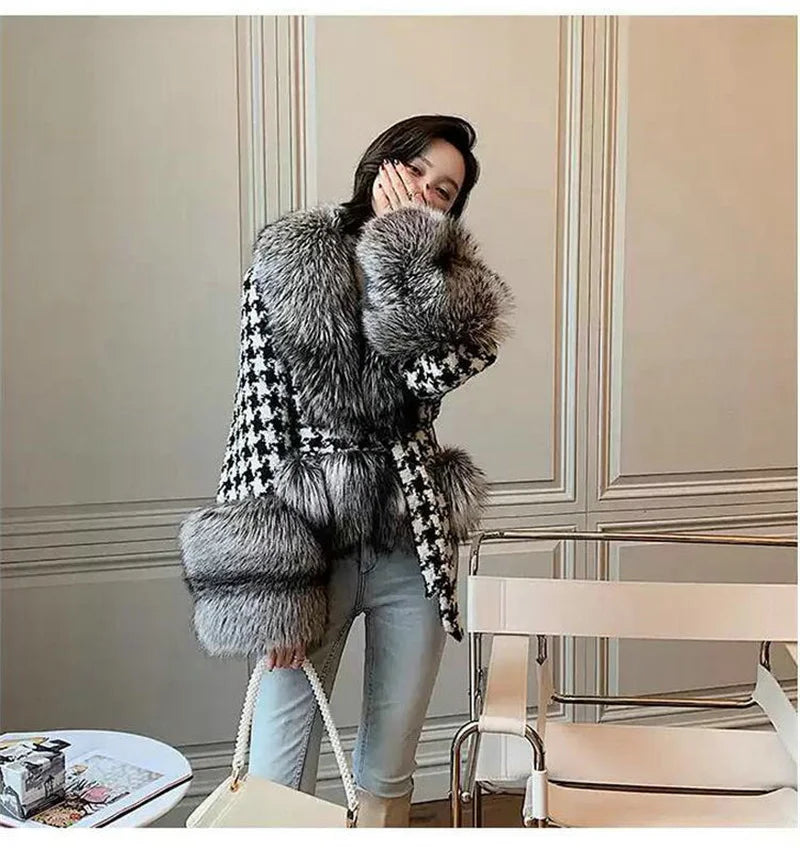 Babs Fox Fur Grass Coat Women Short Thousand Bird Grid Double Faced Fleece Collar 2024 Small Fragrant Style Imitation Fur Coat Female