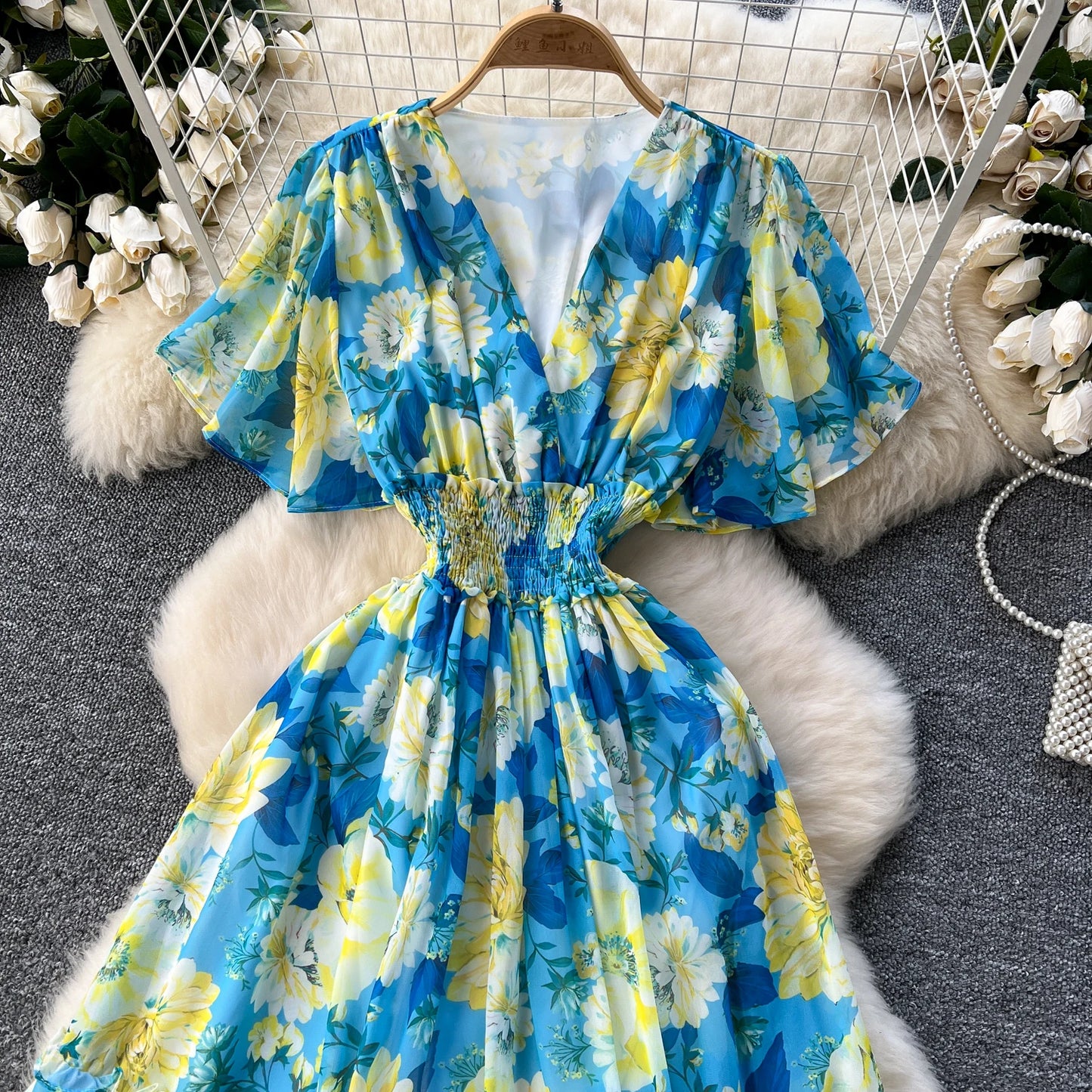 Maxy v neck Butterfly sleeve print elegant summer Dress A-line Flare Sleeve Vacation print Women dresses