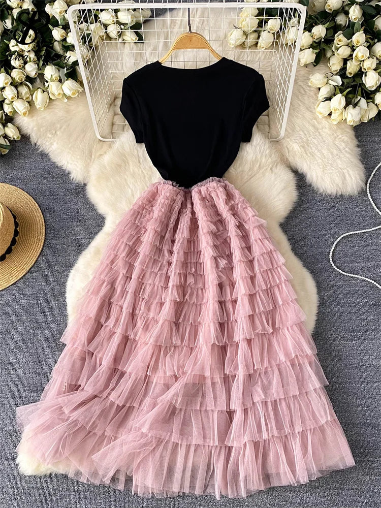 Maxy Fairycore Fashion Newest Chic Dresses Women O-Neck Short Sleeve Mesh Splice Design Vacation Summer Cake Long Dress