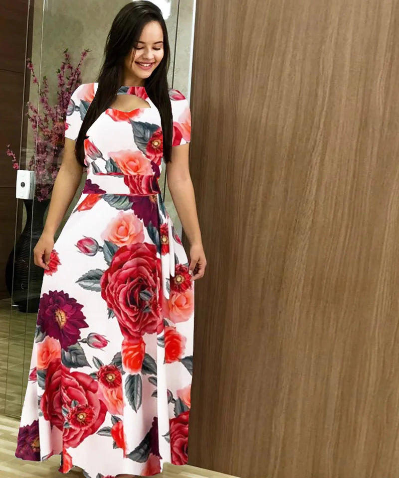 Babs Elegant Spring Women's Dress Casual Fashion Floral Print Short Sleeve Super Long Dress New Fashion Hollow Out Long Dresses