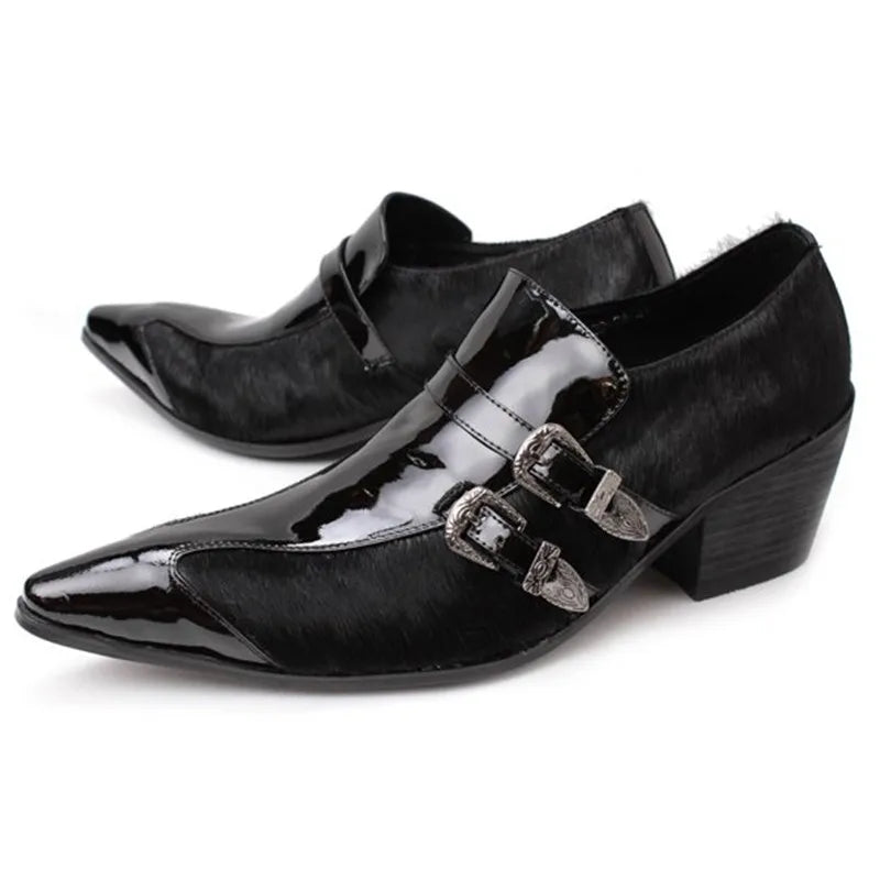 Visco Italian Style Pointed Toe Buckle Men Business Office Leather Shoes Wedding Party Gentleman High Heel Dress Shoes