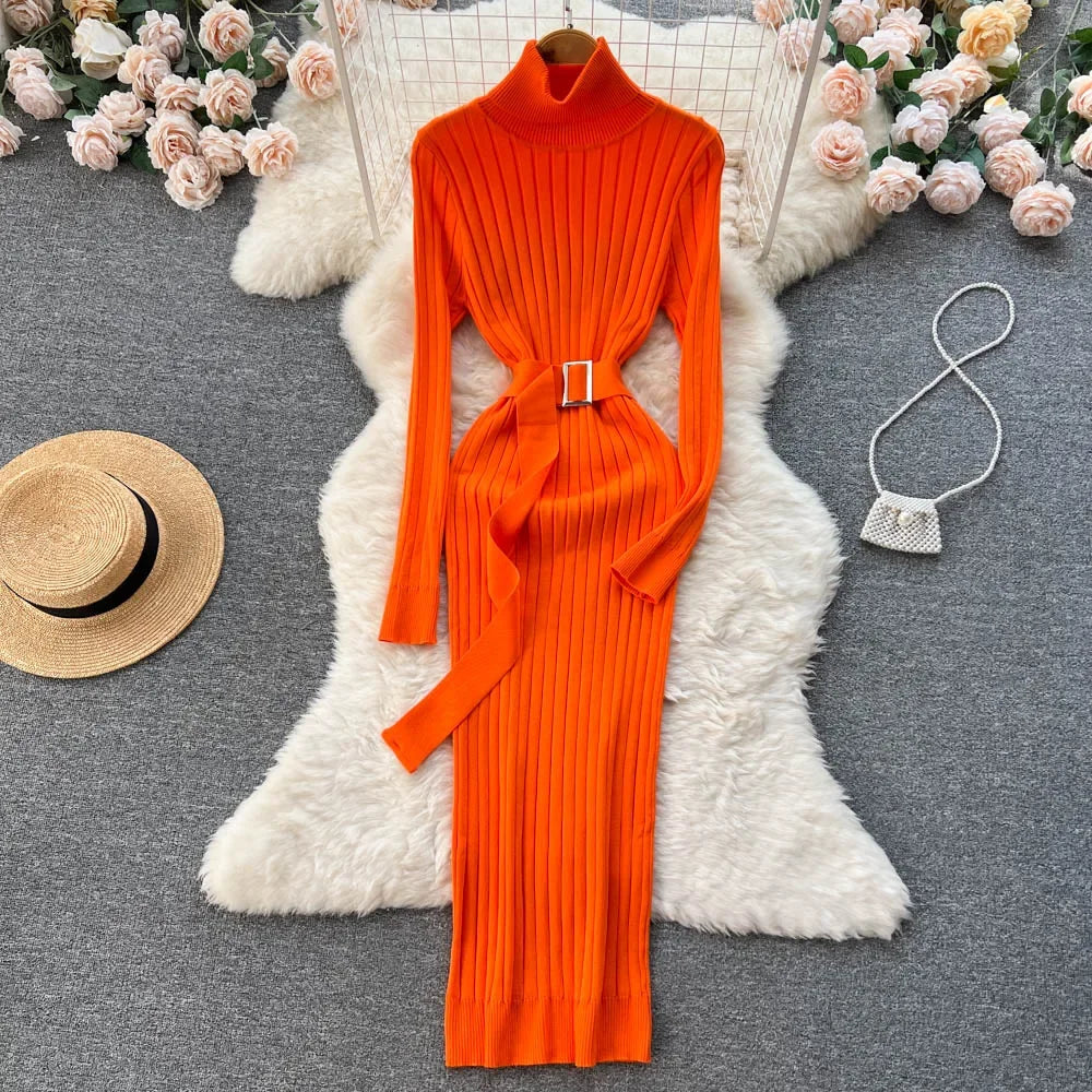 Babs Green Winter Turtleneck Sexy Women Dress Autumn Long Sleeve Skinny Macy  Bodycon Casual Sweater With Belt Party Club