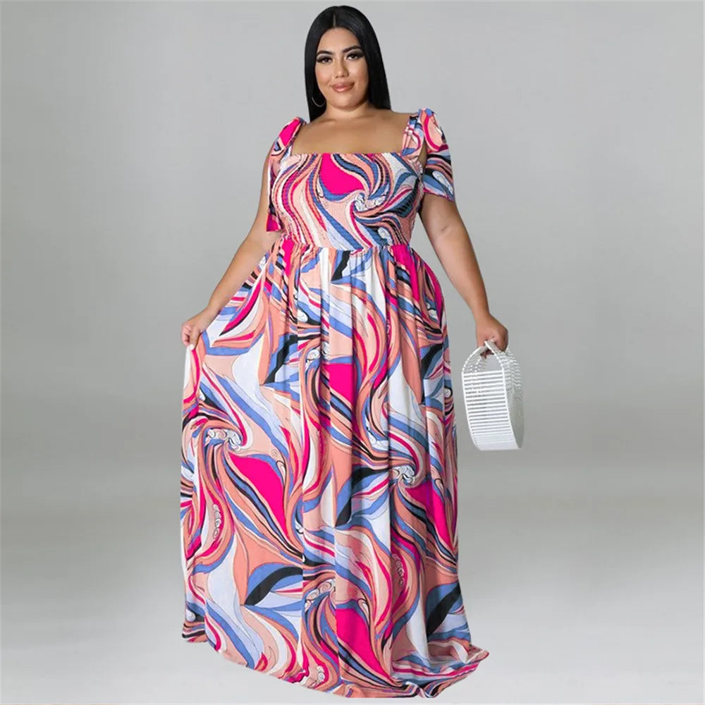 Maxy Plus Size Summer Dress Women's Clothing Flower Printed Slip Bandage Elegant Mini Dress Hot Sale