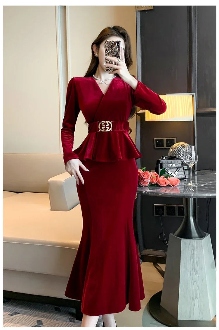 Babs Winter Red Velvet Chic Ruffled Bandage Long Dress Women Elegant Luxury Festival Dress Gown Korean Elegant Prom Dress