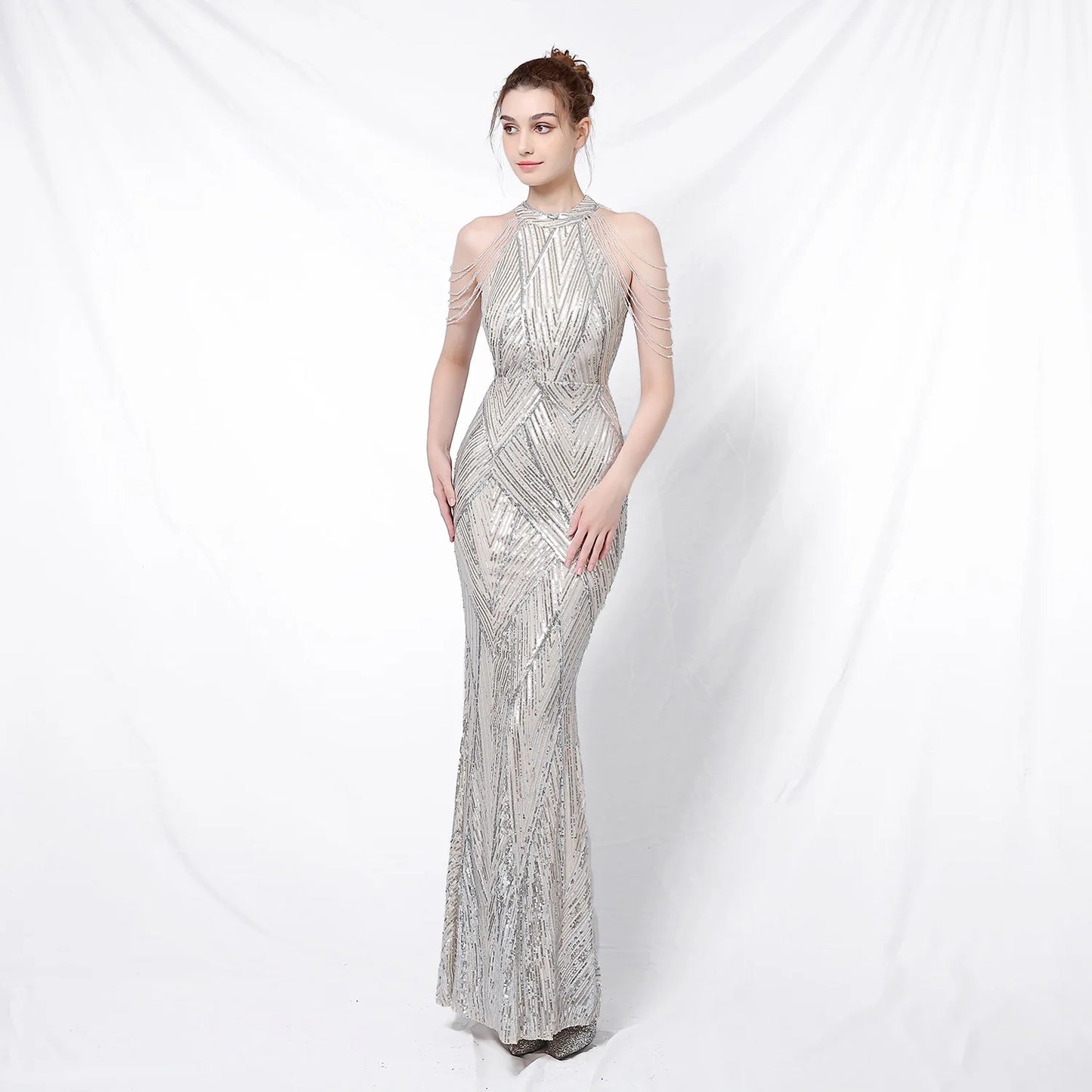 Maxy Prom Long Elegant Dresses Halter Sequin Mermaid Prom Dress De Fiesta Evening Dresses Customized