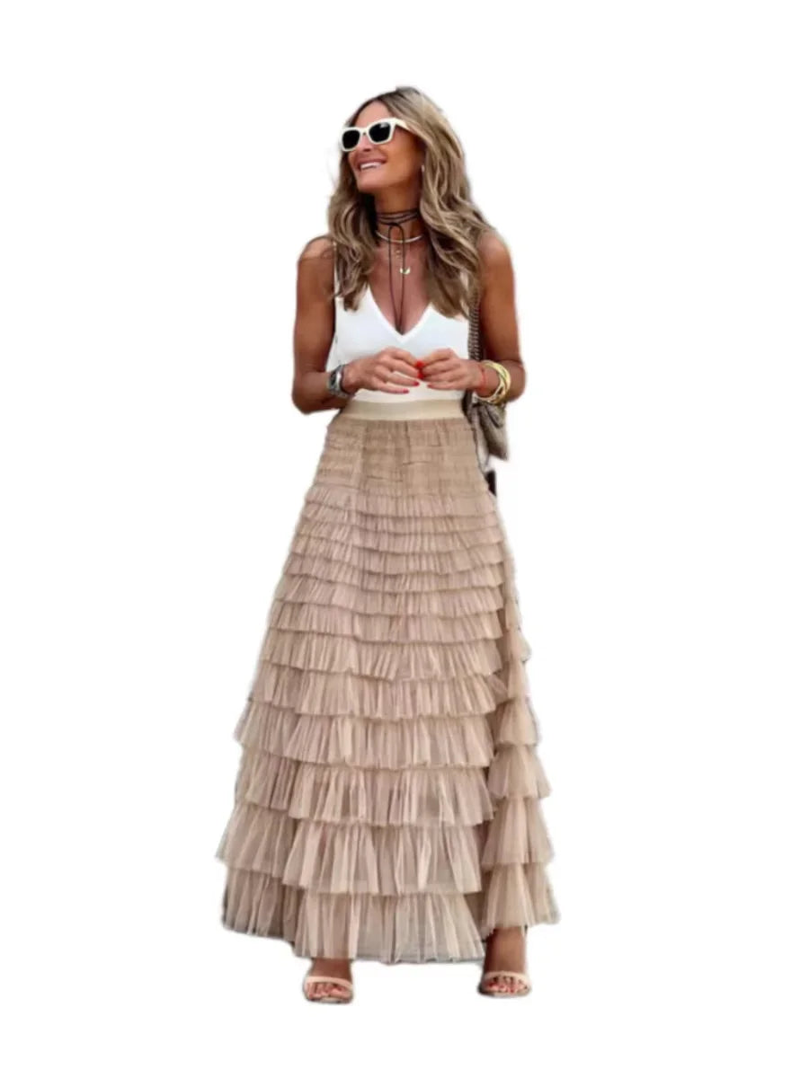 Maxy New Casual Women's Solid Ball Gown Long Skirt Tulle High Waist Pleated Elegant Ladies Wild Mesh Dating Skirts Drop