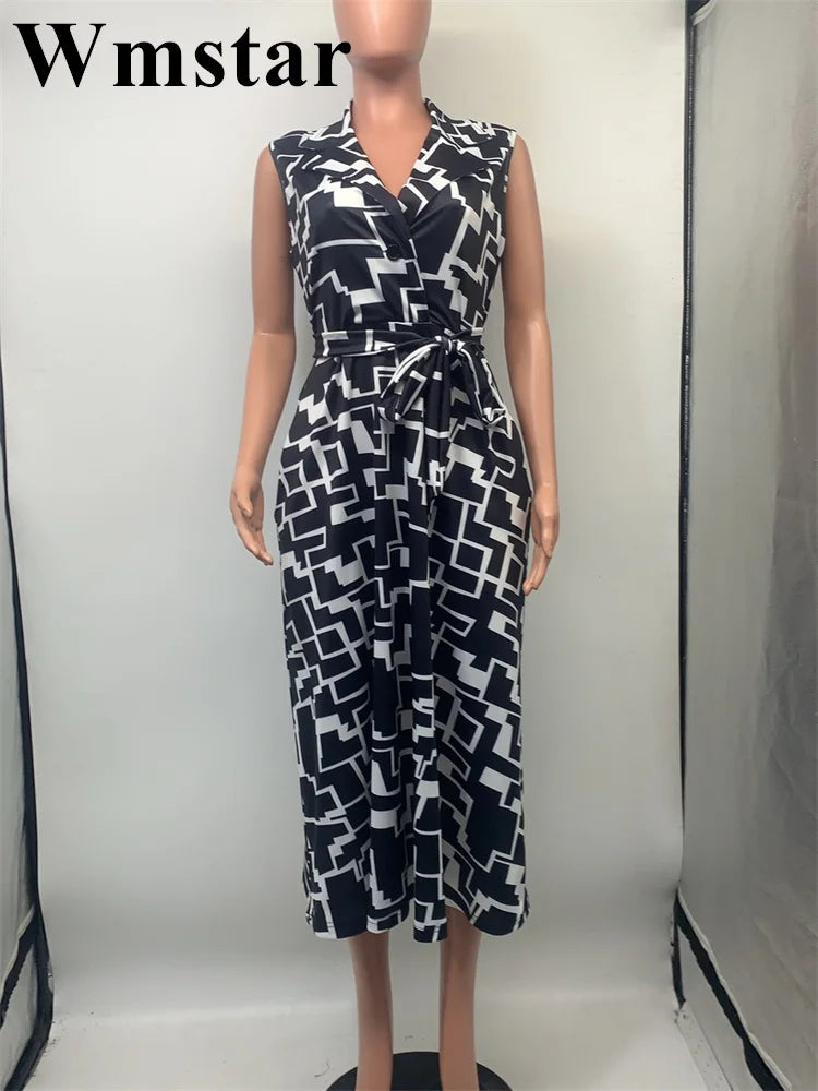 Maxy Women Dress Sleeveless Print Fashion Casual Temperament Turn Down Collar Female Shirt Dresses Daily Holiday Clothing