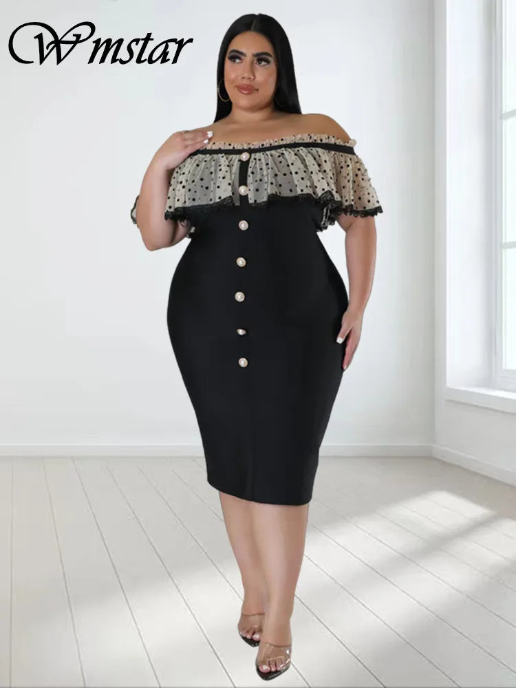 Maxy Plus Size Party Dress Women Clothing Solid Mesh Patchwork Off Shoulder Dress Fashion Outfits