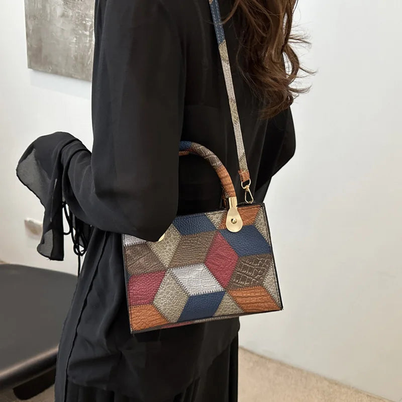 Maxy Fashion Patchwork Leather PU Top-handle Bags For Women, Square Design Ladies Handbags Crossbody Shoulder Bags For Daily Used