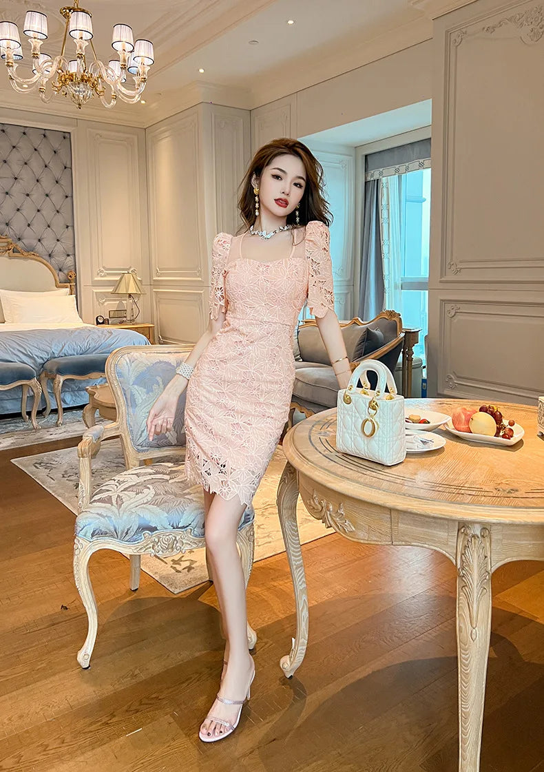 Summer 2024 Maxy new square collar water-soluble lace slim dress small children
