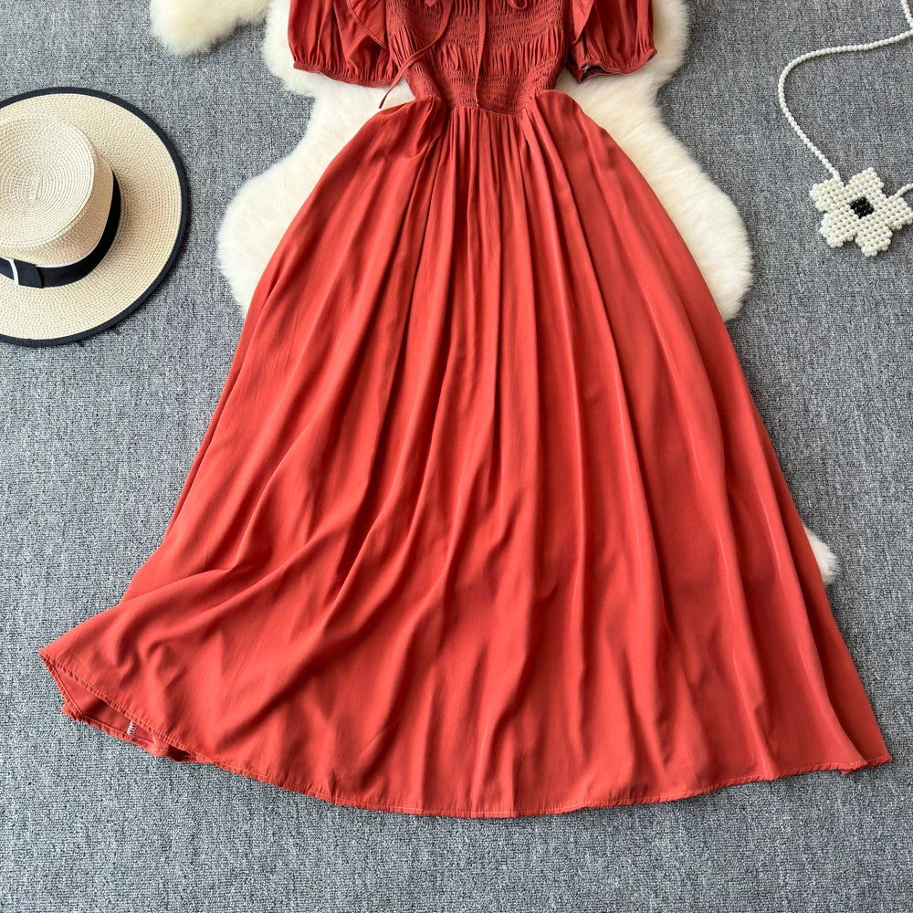 Babs Chic Elegant Square Collar Macy Dress Women Solid Short Puff Sleeve Dresses 2024 Korean Fashion Vintage Ruffle Vestidos