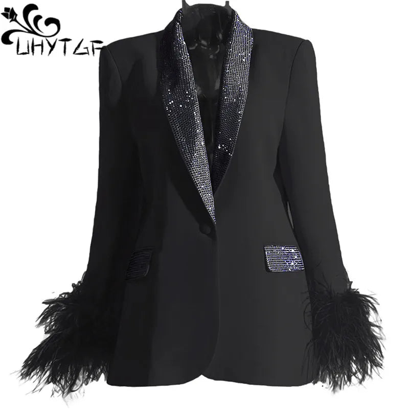 Macy Fashion Splicing Feather Women Blazers Pant Sets Casual Single Button Long Sleeve Loose Jacket Coat Female Solid Blazer Top