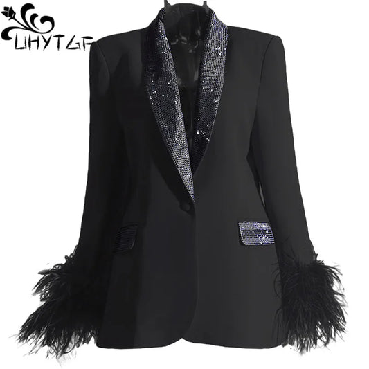 Macy Fashion Splicing Feather Women Blazers Pant Sets Casual Single Button Long Sleeve Loose Jacket Coat Female Solid Blazer Top