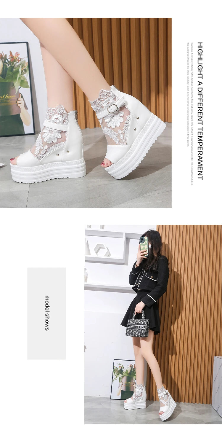 Summer Crystals Buckle Platform Sandals Women Cool ZIP Boots 10cm Wedges Heel Height Increasing Peep Toe Lace breathable Shoes