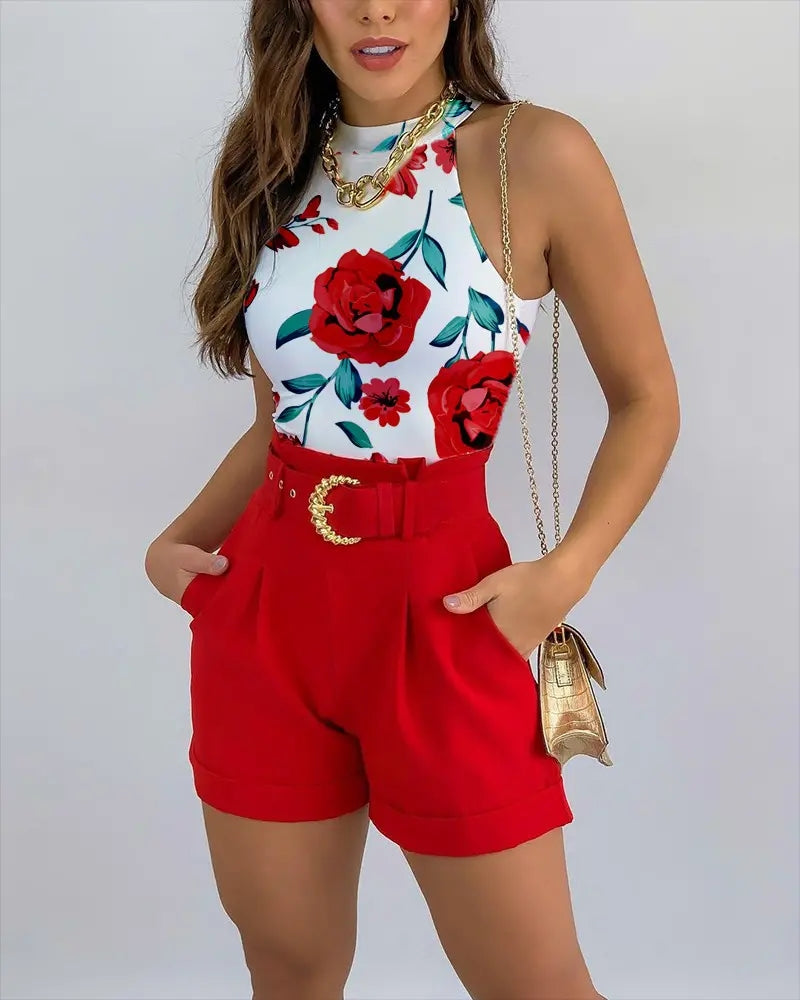 Babs Floral Print Two-Piece Outfit - Sleeveless Halter Neck Top with Adjustable Tie, Belted High Waist Shorts with Pockets