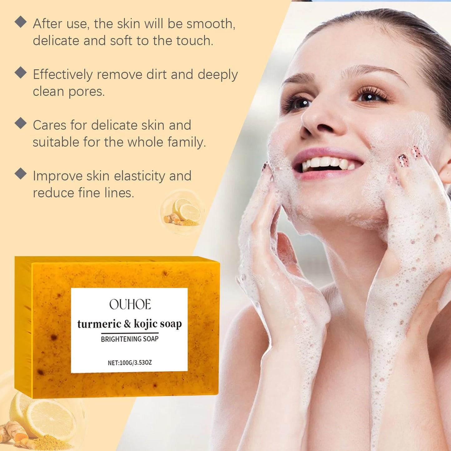 Babs OUHOE Kojic Acid Turmeric Soap Face Deep Cleaning Even Skin Tone Skin Lightening Soap Moisturizer Skin Care Handmade Lemon Soap