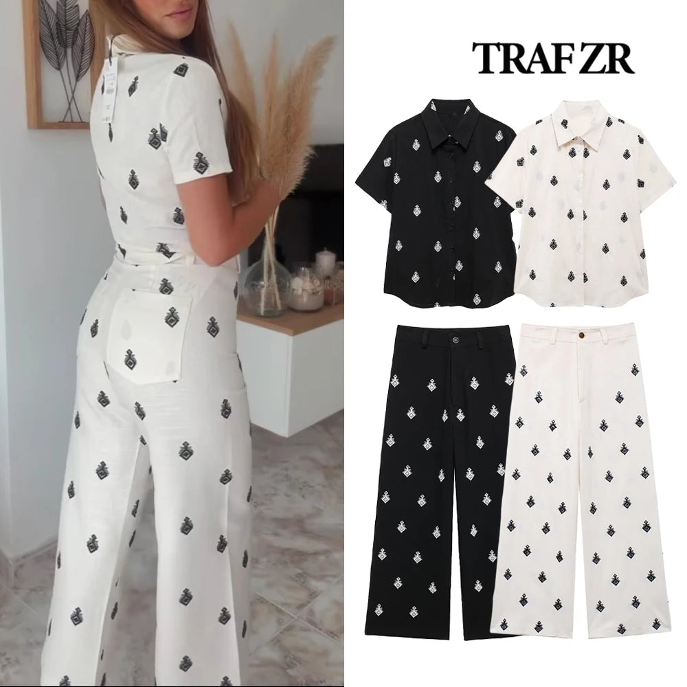 TRAF ZR Elegant Embroidery 2 Piece Sets Women Pant Sets Turn-down Collar Short Sleeve Shirt Top + Wide Leg Pants with Belt Loops