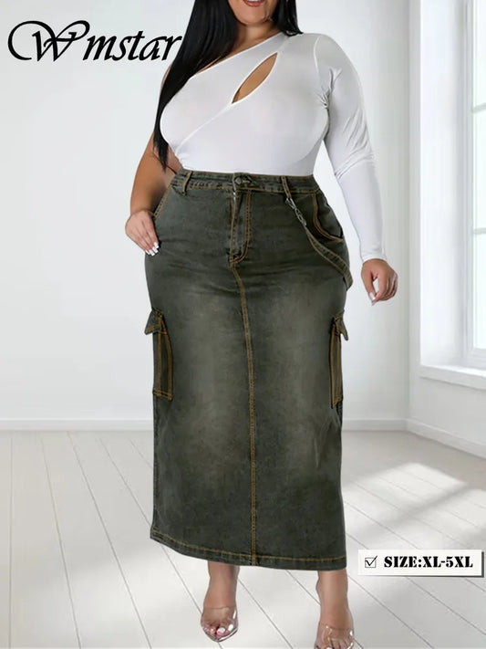 Maxy Plus Size Only Skirts Women's Clothing Denim Maxi Pockets Sexy Medium Stretch Long New