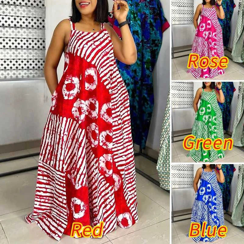 Maxy Plus Size 5XL VONDA Bohemian Printed Maxy Dress Summer Sleeveless Party Beach Sundress Tank Long Casual Loose Robe