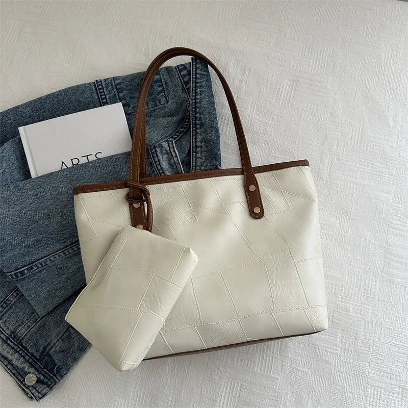 Maxy Vintage Patchwork PU Leather Casual Tote Bags for Women, Large Capacity Shoulder Bag Ladies Handbags And Purses