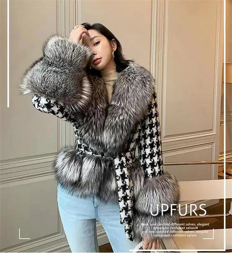 Babs Fox Fur Grass Coat Women Short Thousand Bird Grid Double Faced Fleece Collar 2024 Small Fragrant Style Imitation Fur Coat Female