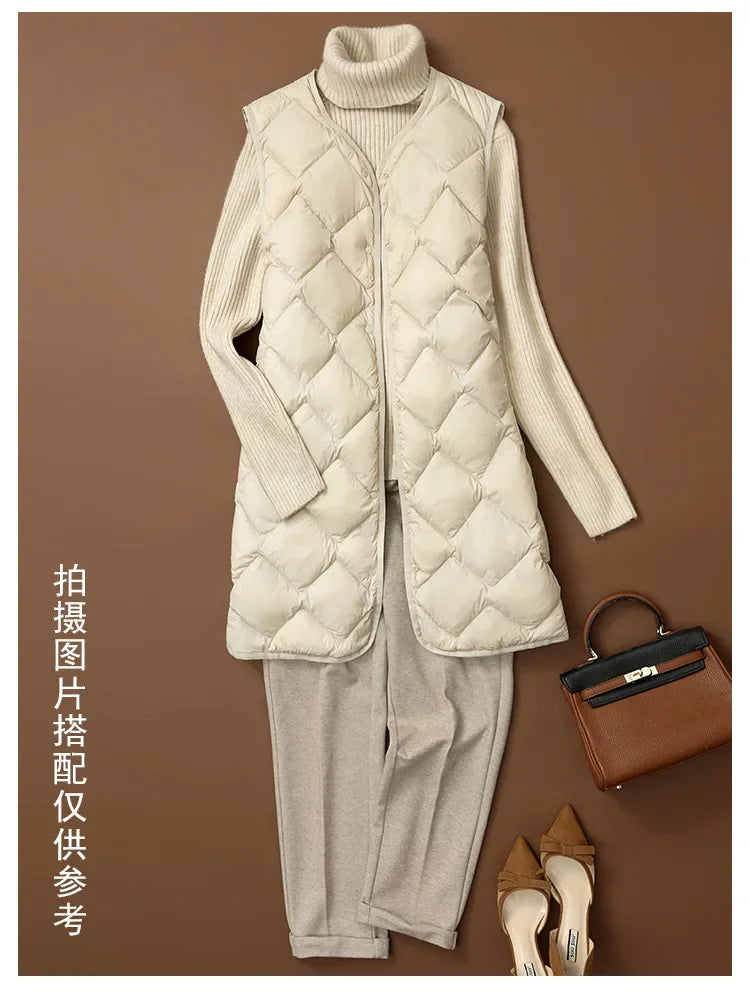 Maxy Plus Size Female Korean V-neck Casual Ultra-Light Vest Coat Autumn Winter Women X-Long White Duck Down Warm Sleeveless Jackets