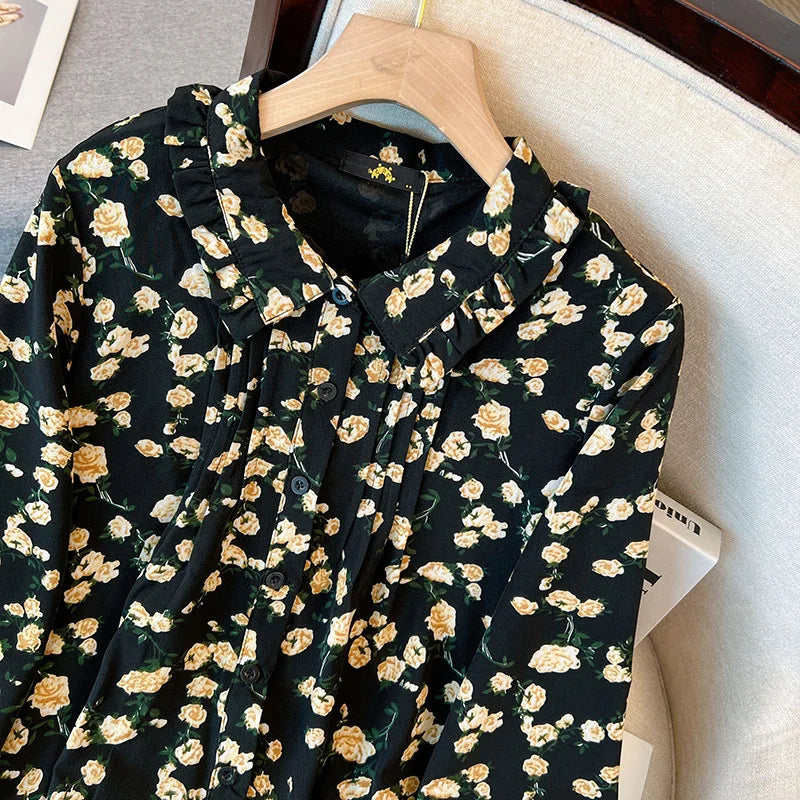 Momsey150Kg Plus size Women's Bust 150 Spring Autumn New Loose Long-Sleeved Lapel Floral Shirt-Dress Black 5XL 6XL 7XL 8XL 9XL