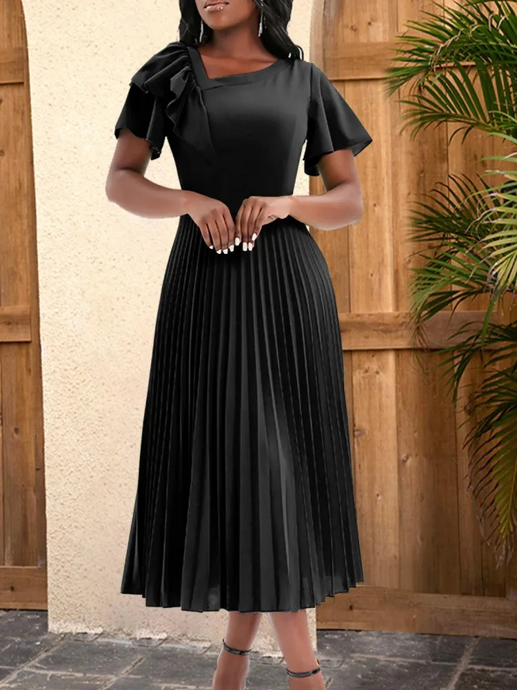 Maxy American Wear for Women Pleated Dress Elegant Summer Fashion Robe Femme Ruffle Short Sleeve Midi Dress Party American Clothes