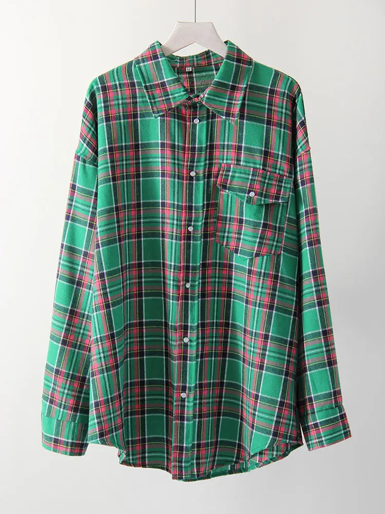 Maxy Green Vintage Plaid Shirt Women Oversize Top Long Sleeves Autumn Winter Loose Women's Shirt And Blouses Oversized
