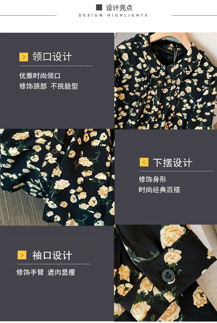 Momsey150Kg Plus size Women's Bust 150 Spring Autumn New Loose Long-Sleeved Lapel Floral Shirt-Dress Black 5XL 6XL 7XL 8XL 9XL