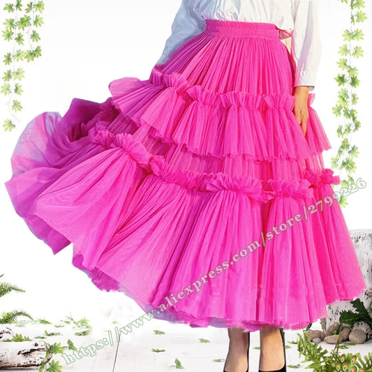 Maxy Plus Size 2024 New Lolita Rose Mesh Large Hem Fluffy Half Female Skirt Korean Fashion Dating Tutu Pleated Skirt