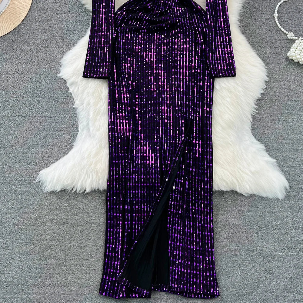 Babs Elegant Chic Y2K Women's Dress Long-sleeve V-neck Split Sequins Patchwork Hip Warp Dresses Autumn Winter