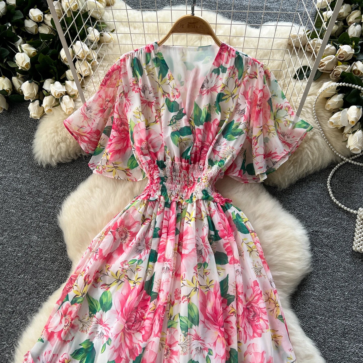 Maxy v neck Butterfly sleeve print elegant summer Dress A-line Flare Sleeve Vacation print Women dresses