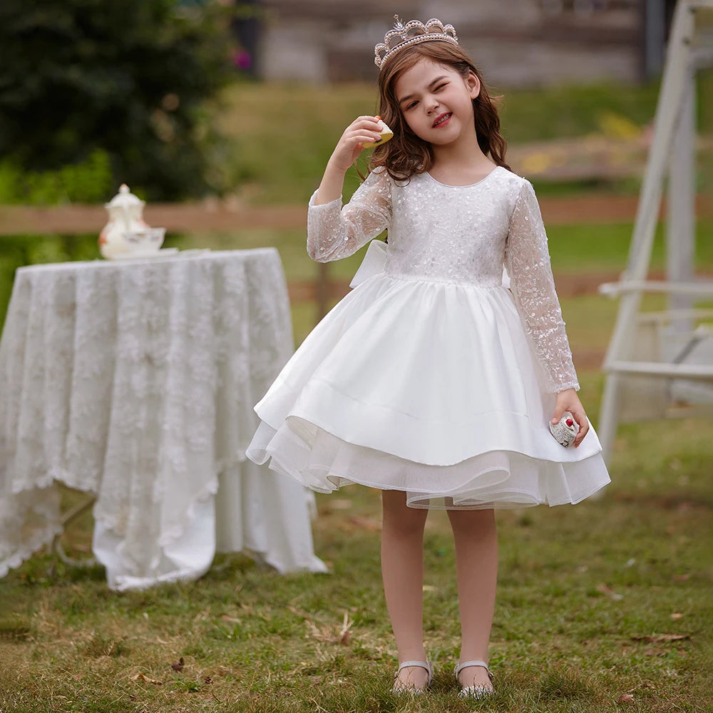 Maxy Princess Long Sleeve Sequin White Wedding Girls Party Dresses Formal Bow Birthday Princess Dress for Girl Baptism Bridesmaid Kids Clothes