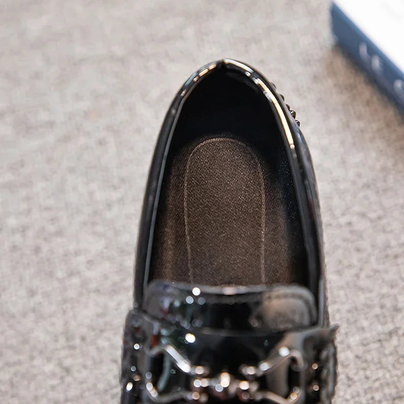 Visco Boys Leather Shoes Round-toe Flat Soft Kids Fashion Casual Loafers Glossy Metal Buckle Children Moccasins Non-slip Britain Style