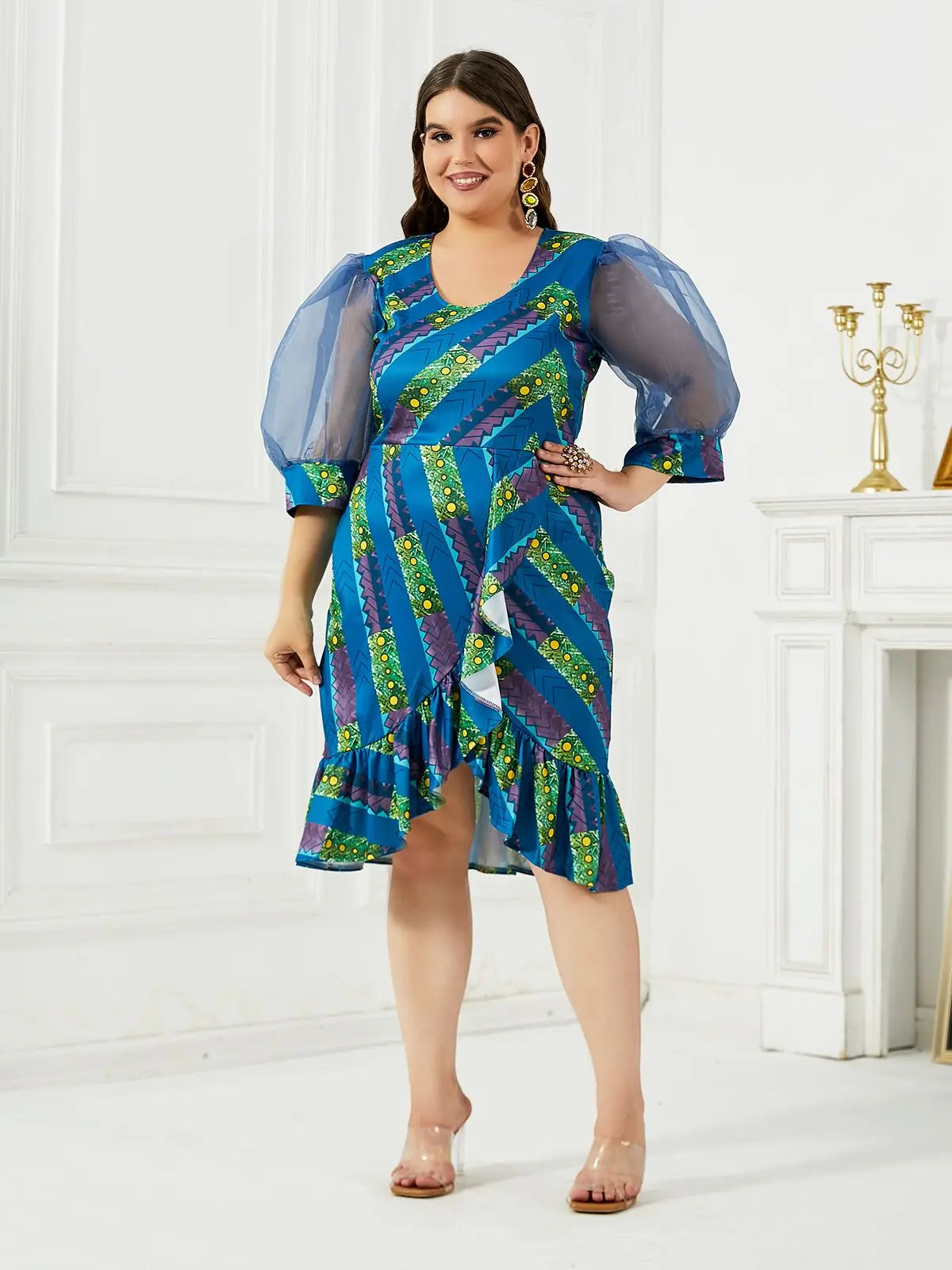 Maxy Plus Size New Fashion Women OL Commute Dress Half Puff Sleeve Printing Lace Patchwork V-neck Irregular Oversize Lady Dress 2024