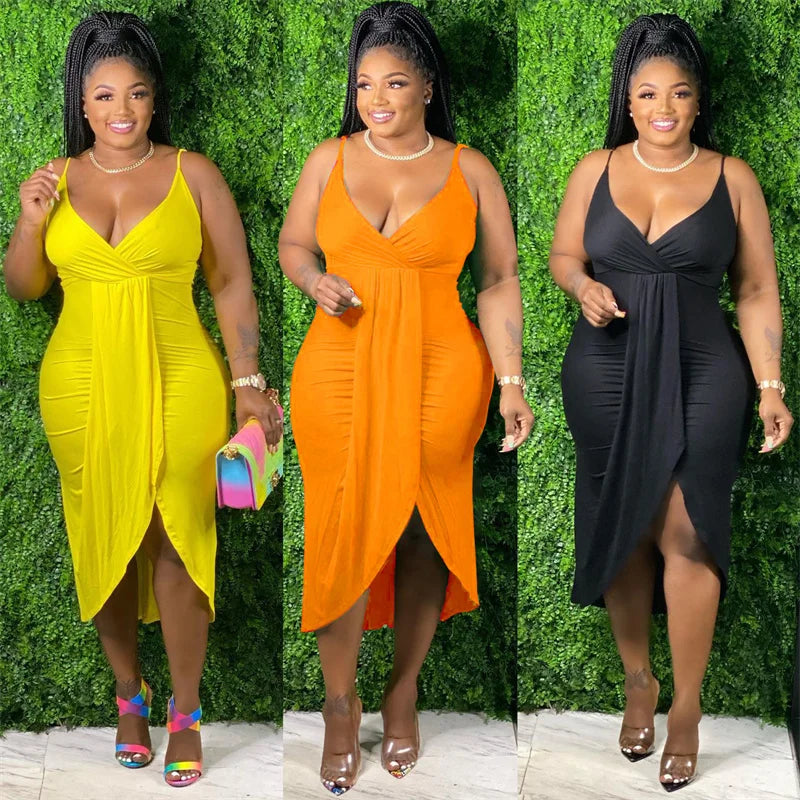 Maxy Plus Size Women Dresses Summer Clothing Sexy Bodycon Stretch Sling Solid Party Dress 2024