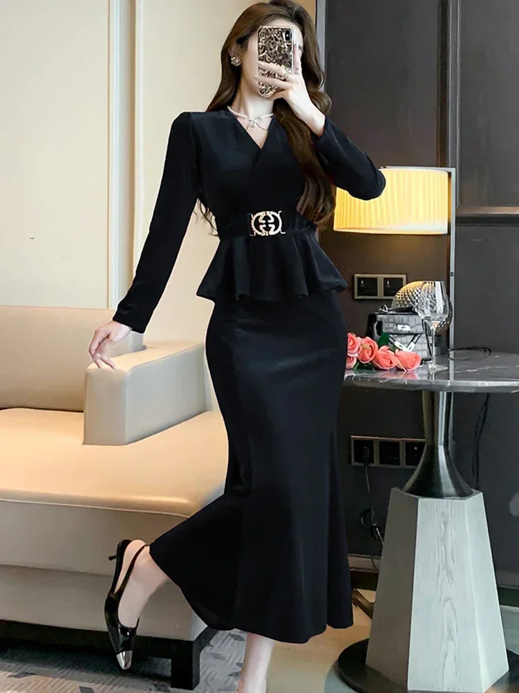 Babs Winter Red Velvet Chic Ruffled Bandage Long Dress Women Elegant Luxury Festival Dress Gown Korean Elegant Prom Dress